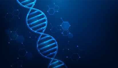 dna genetic biotechnology technology on blue background. chromosome structure science wallpaper. nano code structure. vector illustration low poly wireframe.
