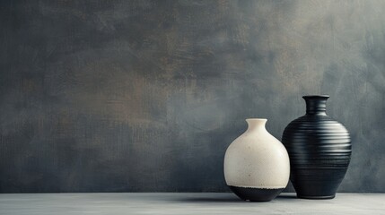 Antique cream and black ceramic vases on gray background retro decor copy space