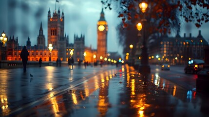 Obraz premium Defocused View of London's Big Ben and Parliament at Night with Dramatic Lighting and Reflections