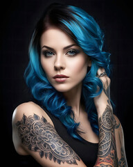 Fototapeta premium Portrait of a woman with makeup, hairstyle and tattoos.