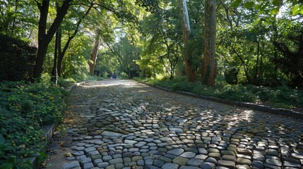 Naklejka premium Shaded cobblestone path with trees