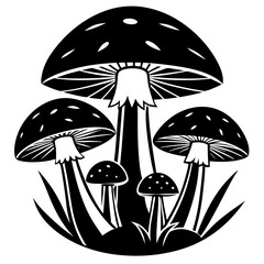 Mystical mushrooms isolated clipart, magic line celestial mushrooms, moon and stars. Black and white vector illustration.