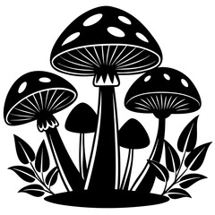 Mystical mushrooms isolated clipart, magic line celestial mushrooms, moon and stars. Black and white vector illustration.