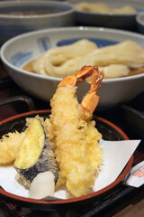 Close-up of a plate of tempura, prawn tempura and vegetable tempura, photographed in Tokyo, Japan