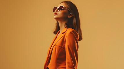 Young fun successful employee business woman corporate lawyer 30s wear classic formal orange suit glasses work in office look aside on workspace area mock up isolated on plain beige ba : Generative AI