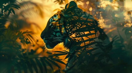 Tiger Silhouette with Jungle Sunset Double Exposure