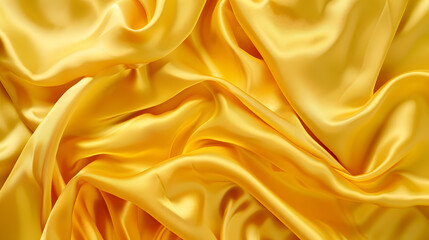 Fototapeta premium Yellow silk satin Draped fabric golden color Luxury background Space for design Template Flat lay top view tableWeb banner Christmasweddingbridalbeauty valentine romance award reward : Generative AI