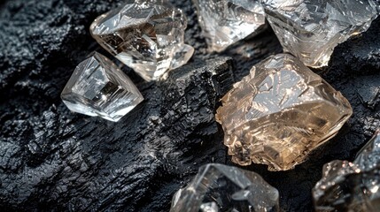 Close up view of natural uncut diamonds on black surface