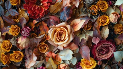Artistic arrangement of dried roses meadow flowers and leaves in a fall bouquet Top view with floral background and room for text