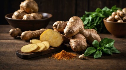 Fototapeta premium ginger vegetable in wooden table