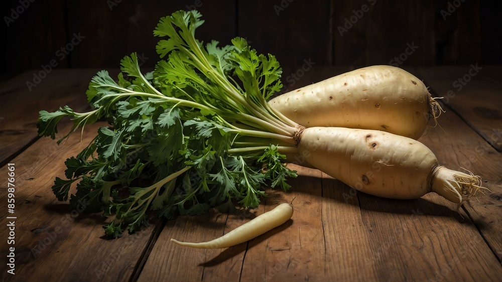 Wall mural parsnip vegetable in wooden table