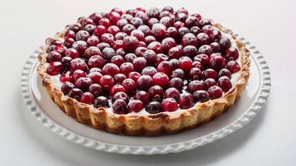 Freshly baked cranberry almond tart topped with cr�me fraiche and vibrant cranberries Stock Photo