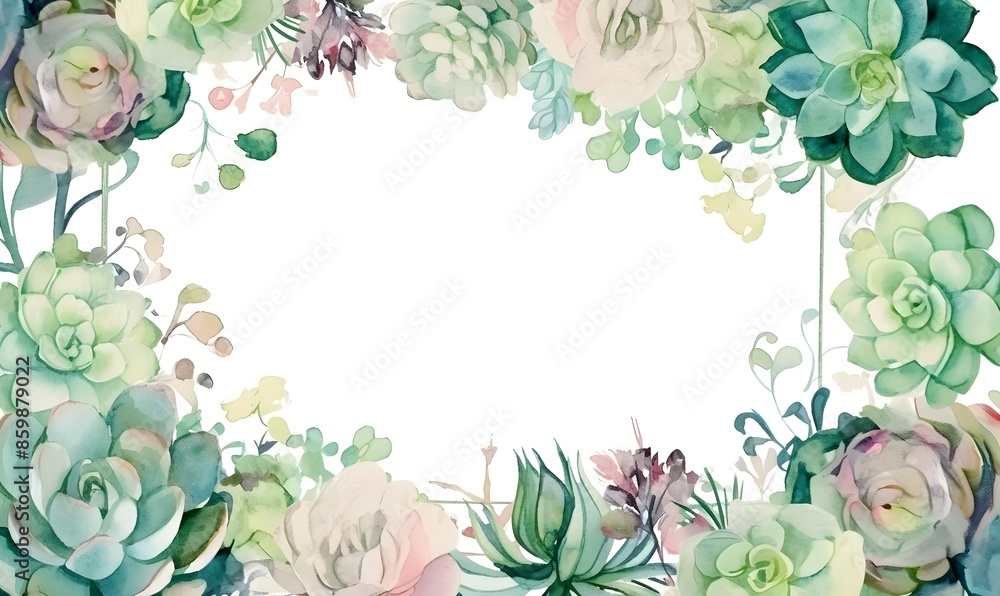 Wall mural a square watercolor frame succulents on white background, generative ai - Wall murals