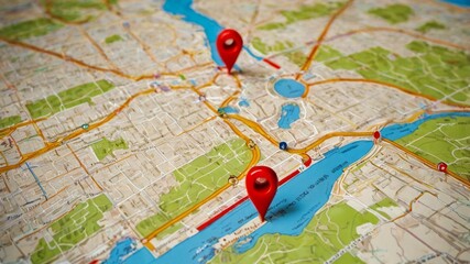 Digital GPS location on map with pin route path concept. AI generated image