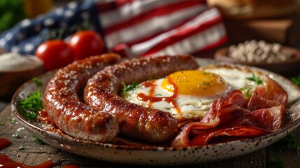 A hearty breakfast of sausage, bacon, and a fried egg.  Photographed with an American flag in the background.