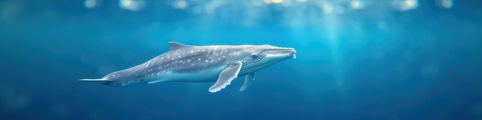 Fototapeta premium A whale is swimming in the ocean, underwater scene with sun rays, wide panoramic banner with copy space.