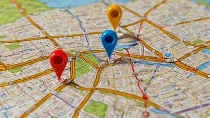 Digital GPS location on map with pin route path concept. AI generated image