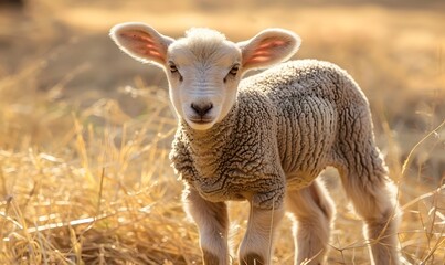 Obraz premium young lamb in a field on dry grass symbolizing agriculture, Generative AI