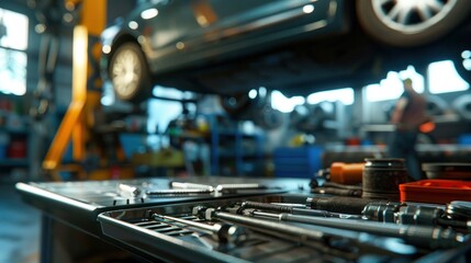 Fototapeta premium Car service, close-up of tools on the counter and auto mechanic working under a car in the background.