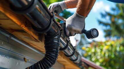 Worker holding plastic pipe installing gutter system on roof. Close up.