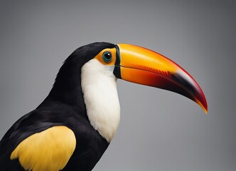 Fototapeta premium A toucan, a tropical bird with a large, colorful beak, is perched against a gray background