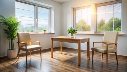 Serene empty clinic room with wooden table, two chairs, and calm background, conveying a sense of quiet contemplation and seeking help.