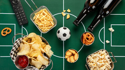 Super bowl or football theme food table scene. Football season or fans party concept.