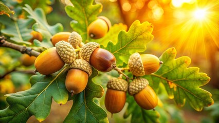 Golden acorns ripen on sturdy oak branch amidst verdant leaves in warm early autumn light, surrounded by rustic forest ambiance slowly unfolding.