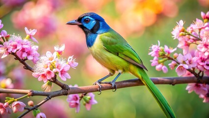 Obraz premium Vibrant green jay perches regally amidst delicate pink blossoms on a sun-kissed branch, exuding serenity in a tranquil natural setting.