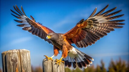 A majestic Harris's Hawk spreads its wings, soaring towards a weathered wooden fence post, set against a clear blue sky backdrop.