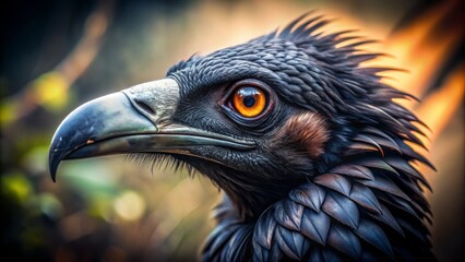 Fototapeta premium Dark-feathered scavenger's gruesome yet majestic head with sharp beak and piercing eyes, set against a blurred, ominous natural background.