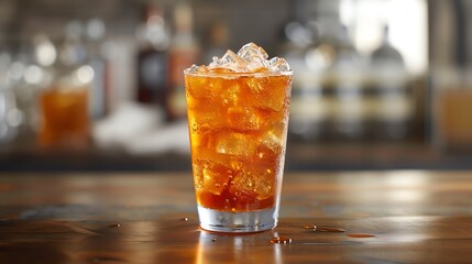 Refreshing iced tea with ice cubes in a glass on a wooden table.