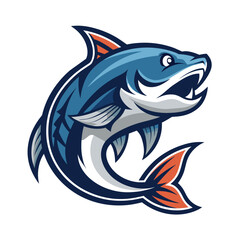 Fototapeta premium A cartoon illustration of a blue and red fish, with a large mouth open wide, in a jumping or leaping pose. The fish is isolated on a white background.