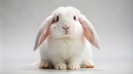Fototapeta premium Adorable baby white holland lop rabbit with cute twitching nose sits peacefully on a clean white studio background alone.