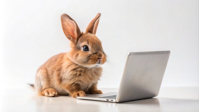 Adorable baby brown rabbit with laptop and notebook, busy working in a minimalist white studio setup, oozing cuteness.