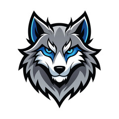 Fototapeta premium This is a vector illustration of a gray wolfs face. The wolf has blue eyes and a black outline.