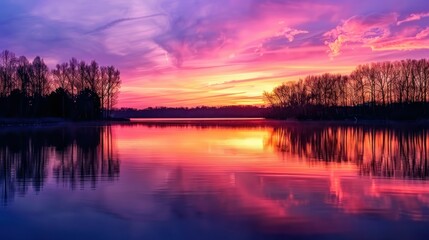 Sunset Serenity: A panoramic view of a colorful sunset over a tranquil lake, with silhouettes of trees lining the shore. Plenty of space above the horizon for text.