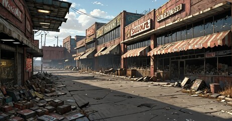 Fototapeta premium abandoned city town strip mall buildings in empty lot. dystopian post apocalyptic derelict business building ruins.