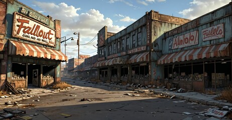abandoned city town strip mall buildings in empty lot. dystopian post apocalyptic derelict business building ruins.