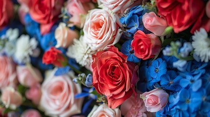 A close up of a red, white, and blue flower arrangement in the shape of an American flag, representing American pride