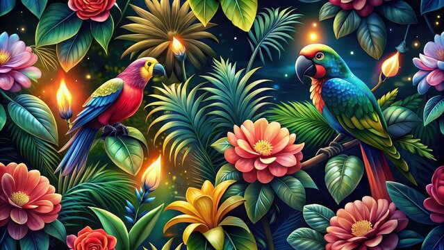Bright tropical seamless pattern with peonies and parrots weaving together on a dark background , tropical, seamless, pattern, peonies, parrots, bright, flowers, birds, weaving