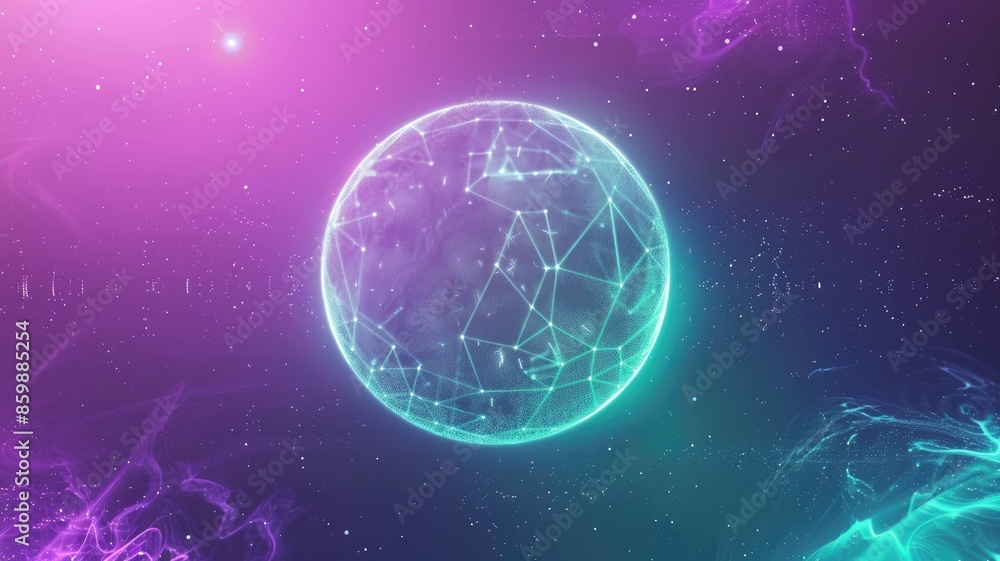 Poster abstract globe with glowing lines on a pink and blue background. digital art of circle or geometric 