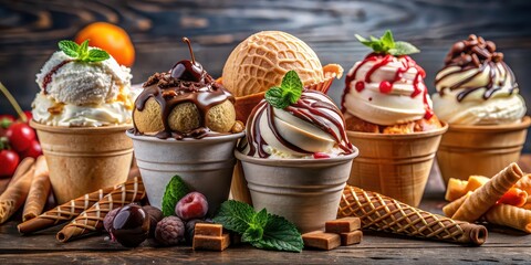 Close-up of various frozen creamy desserts including gelato ice cream, wafer cone, caramel eskimo, chocolate glaze sundae, whipped cream, fruit ice, and vanilla scoops, ice cream