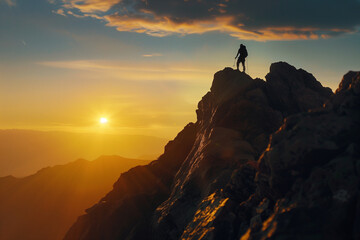 Triumphant Hiker Standing on Mountain Summit at Sunrise, Gazing into the Horizon