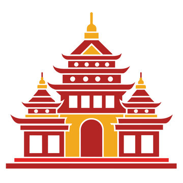 recommend clip art: A simple illustration of a traditional pagoda temple with red walls, yellow trim, and a large archway.