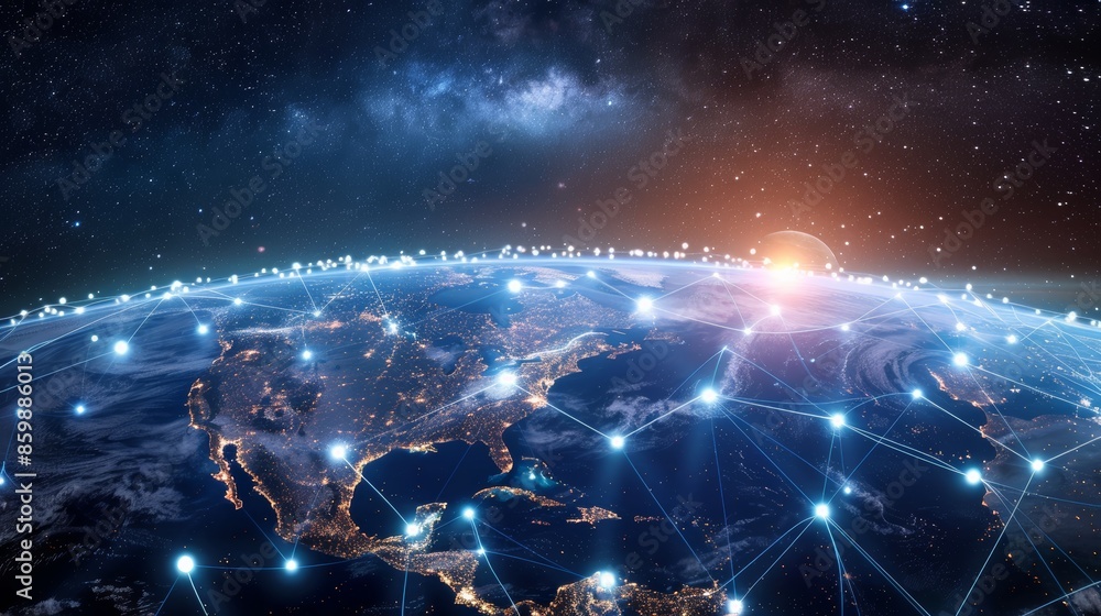 Fototapete planet with a network of lines connecting it to other planets. connections system and global datas e