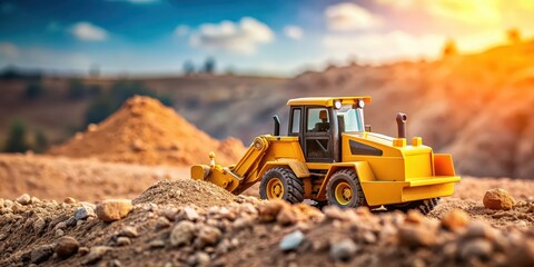 A yellow miniature bulldozer on a mining site , bulldozer, miniature, yellow, mining, location, equipment, vehicle, industrial, construction, machinery, dirt, excavation, site, ground, soil