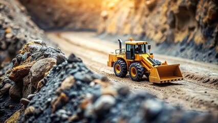 Miniature yellow bulldozer navigating a steep mine, bulldozer, yellow, miniature, construction, vehicle, equipment, mining, industry, steep, work, machinery, dirt, digging, industrial, heavy