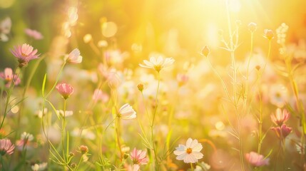 Fototapeta premium Nature background. Beautiful summer meadow background. Inspirational nature, field of flowers with a bright sun shining on them. flowers are yellow and pink. Scene is cheerful and peaceful
