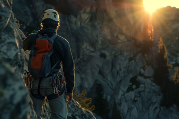 Fototapeta premium Triumphant Hiker Standing on Mountain Summit at Sunrise, Gazing into the Horizon
